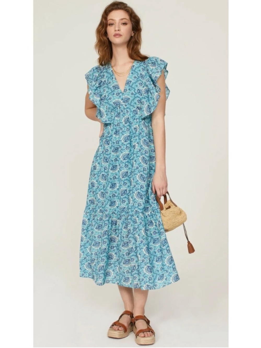 RHODE Tasha Midi Dress in Aqua Paisley Print, size 8